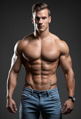 Fototapeta na wymiar Ripped male model posing with hands in pockets on dark background. Fit physique with defined abs. Gazing sideways. Studio photo.
