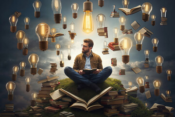 A man reading books is granted with knowledge, ideas and imaginations