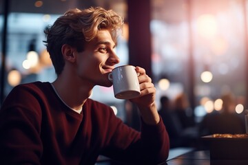 Young man drinking coffee in a street cafe