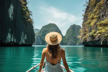 Tranquil escape as a lady contemplates the peaceful lagoon and limestone walls.