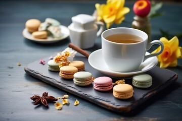 assorted macarons on slate with coffee cup - obrazy, fototapety, plakaty