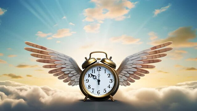 Time Flies: A Surreal Image of an Alarm Clock with Wings Soaring in the Sky