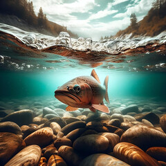 Over-under split-shot underwater fish in a river