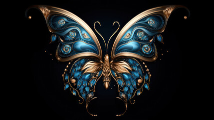 Decorative bright gold and blue butterfly on black background as wallpaper illustration or ornament	