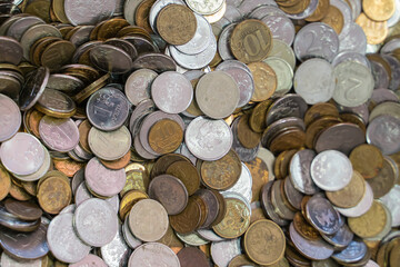 Russian coins of different denominations as an interesting background. - obrazy, fototapety, plakaty