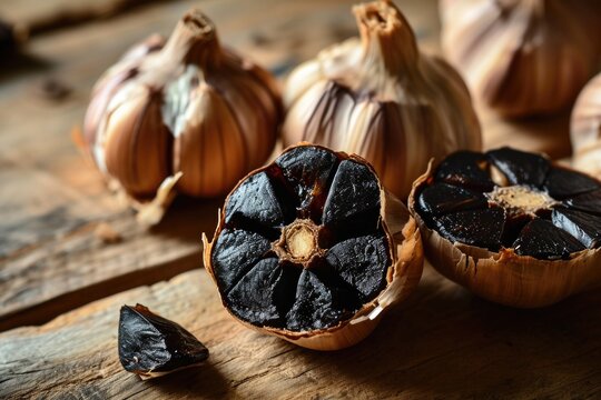 A detailed photo of split black garlic bulbs, displaying their soft, burgundy core. Slow fermentation results in a sweet, caramel-like flavor and mild aroma