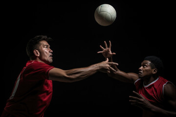 Two athletes in red jerseys in a dynamic volleyball block against a dark background.