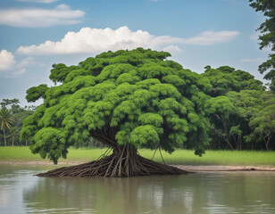 Scenic Green Tree Amid Waterway