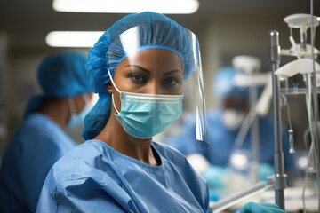 Focused healthcare professional in sterile blue scrubs and latex gloves examines a syringe, emphasizing precision in a clinical setting.