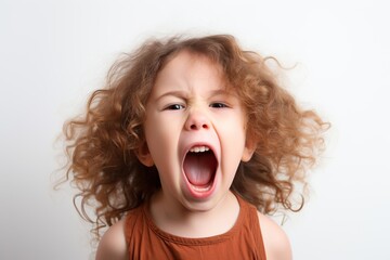 Portrait of young screaming child on white background