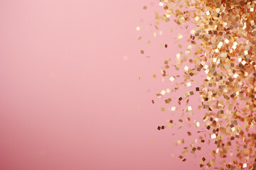 Golden party confetti on pastel pink background with copy space