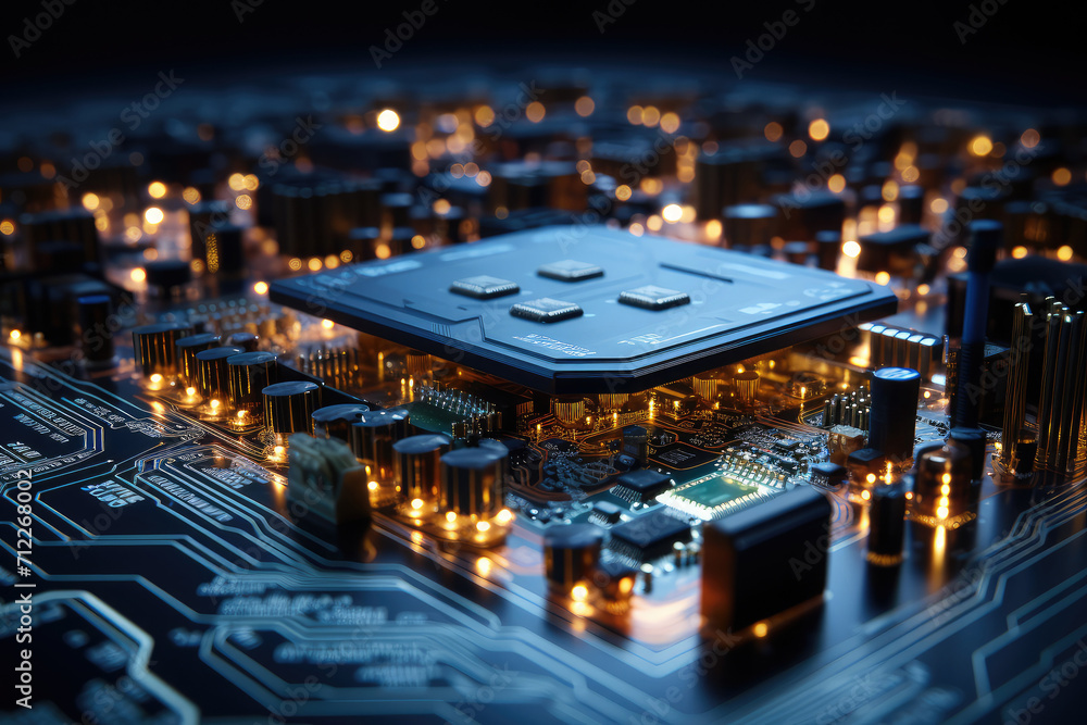 Aufkleber Abstract CPU or GPU with Circuit Board extreme closeup. Generative AI