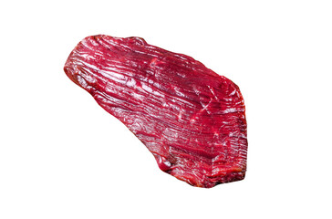 Venison raw meat steak on a cuuting board with rosemary.  Transparent background. Isolated.