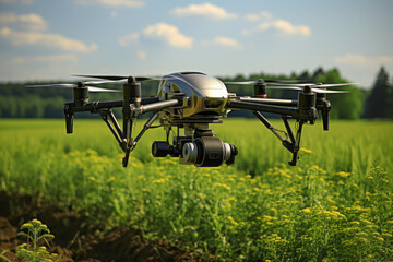 Large Agricultural Drone over a Field extreme closeup. Generative AI.