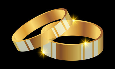 Realistic wedding gold rings isolated on black background symbol of love and marriage. Template of couple golden ring with 3d shining effect. Glossy circle frame and luxury shiny glitter round metal.