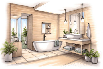 Fototapeta premium Pencil Sketch Cozy Scandinavian Bath Interior extreme closeup. Generative AI