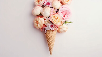 Ice cream of rose flowers in waffle cone on light grey background