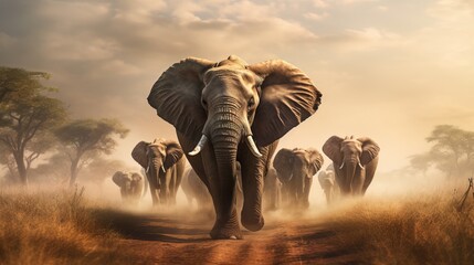 Elephants Walking Through the Savanna: Wildlife Migration AI Generated