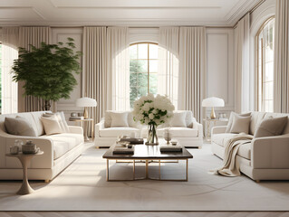 An elegant living room with beige sofas and chair
