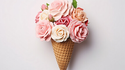Ice cream of rose flowers in waffle cone on light grey background