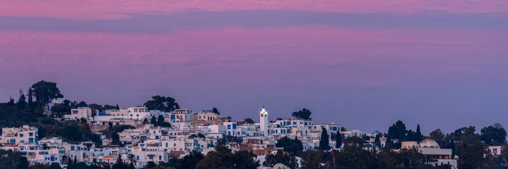 Vue panoramique sur la ville de Sidi Bou Saïd en Tunisie au crépuscule - obrazy, fototapety, plakaty