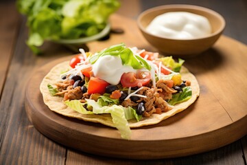 bean tostada with lettuce, cheese, and sour cream on rustic wood