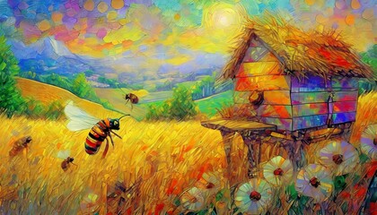 Tableau d'abeilles et de ruche en campagne.