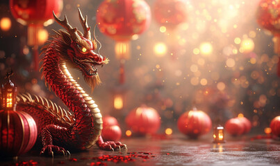 Chinese dragon, red Chinese lantern with golden copy space