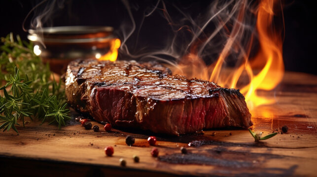 Juicy grilled meat with fire