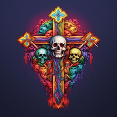 A jesus cross with a skull in rainbow colors