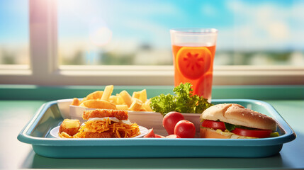 Serving tray with delicious food on table with sunlight