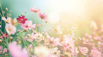 Obraz premium Spring flower background with meadow blossoming pink flowers on blurred gradient background with sunny light. Springtime. Natural blossoming background. Copy space
