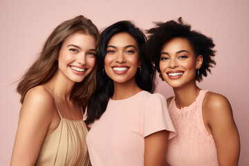 Three Happy Young Different Race Girlfriends Posing Inside Light Pink Studio