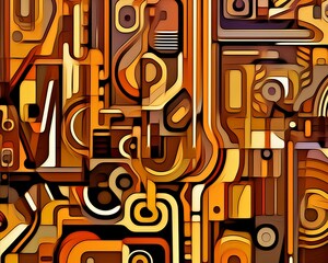 Intricate abstract art, vibrant yellow, orange, red, and black with unique and captivating details