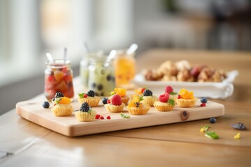 assorted mini muffins on a wooden platter - obrazy, fototapety, plakaty