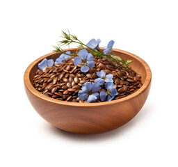 Flax seed in wooden plate with flax flowers on white backgrounds