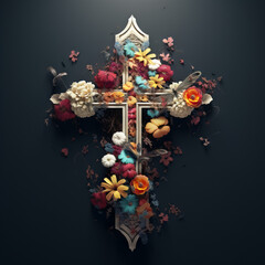 A jesus cross with colorful flowers