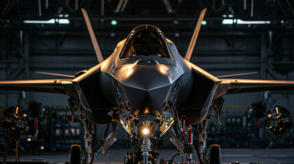 An F-35 aircraft in a hangar at the air base, on a black background. Military aircraft. - obrazy, fototapety, plakaty
