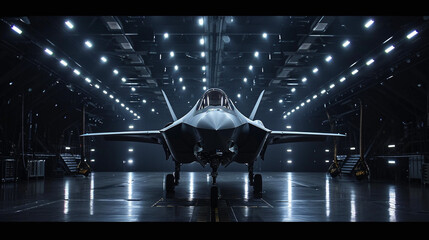 An F-35 aircraft in a hangar at the air base, on a black background. Military aircraft. - obrazy, fototapety, plakaty