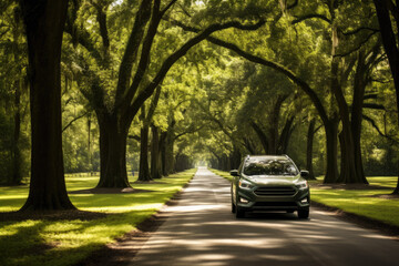 driving in the park.  The car drives along the avenue of trees in spring or summer. A car on the...