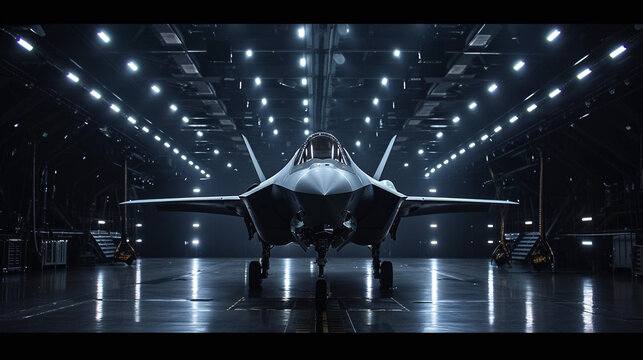 An F-35 aircraft in a hangar at the air base, on a black background. Military aircraft.