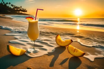Imagine a day in the life of a bartender at a bustling tropical beach bar, showcasing their expertise in crafting the perfect Pina Colada. - obrazy, fototapety, plakaty
