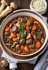 Hearty beef stew with mushrooms and vegetables.