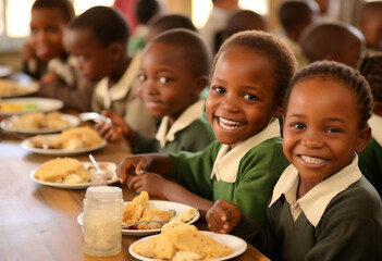 African children eating together in the school - obrazy, fototapety, plakaty