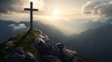 A jesus cross of the top of snowy mountain