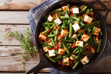 Greek green bean stew cooked in olive oil and tomato sauce served with feta cubes and fresh herbs in a cast iron skillet