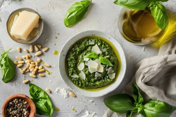 Italian pesto with basil pine nuts Parmesan and olive oil Over light gray background