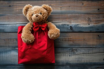 Valentine s themed teddy bear in red gift bag on wooden surface
