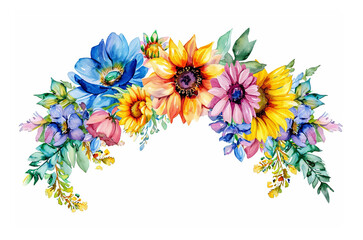 Colorful Flower Crown Front View isolated. Spring floral watercolor wreath