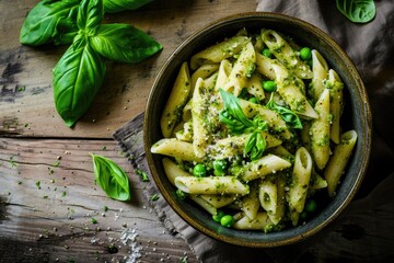 Top view of bowl with spring pasta penne basil pesto sweet pea on rustic wooden background with copy space
